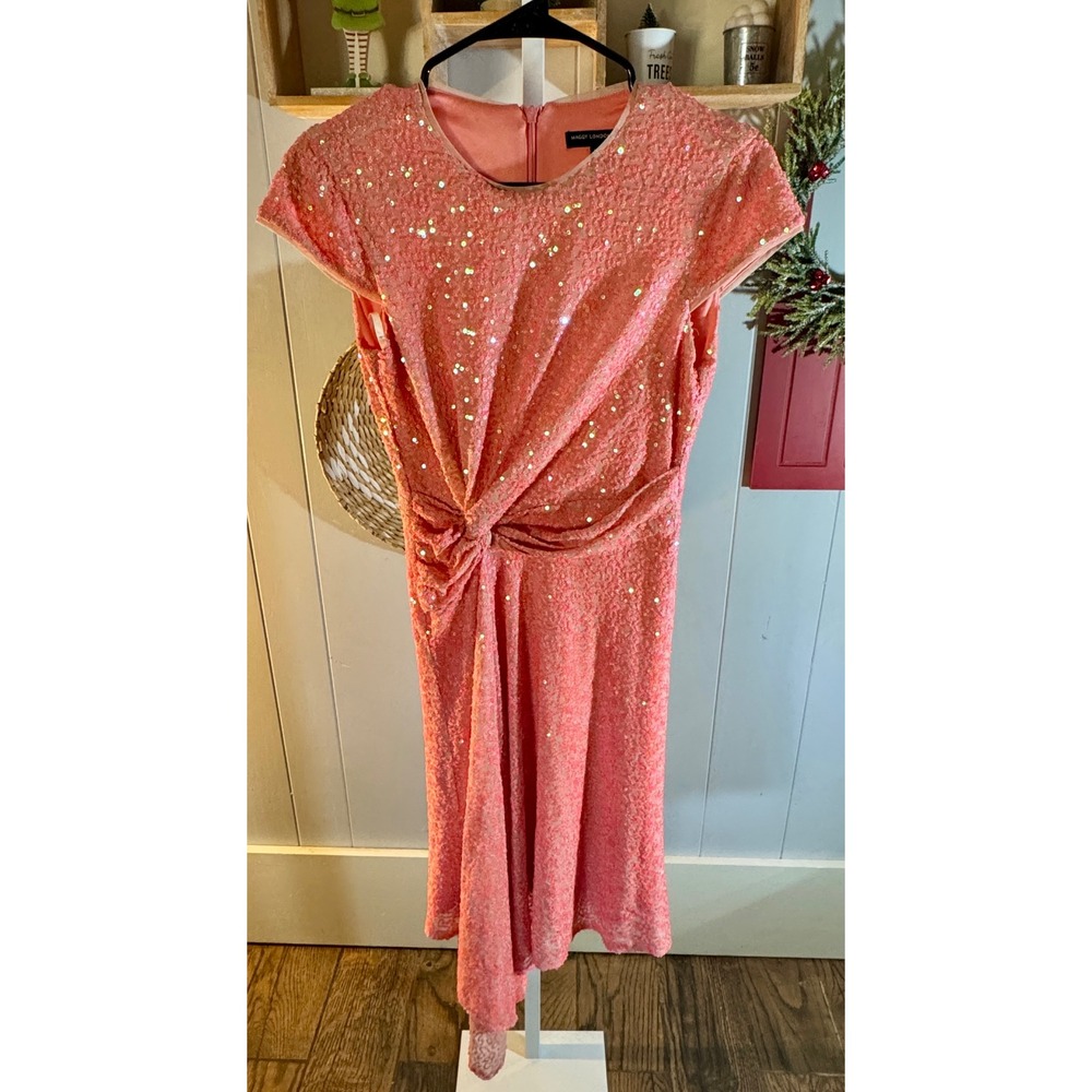 Maggy‎ London Coral Sequin Twist Front Cap Sleeve Cocktail Dress
